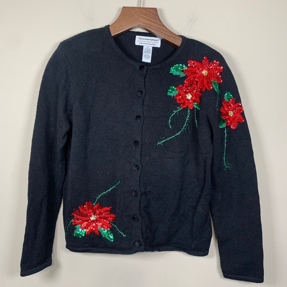 Vintage Tiara International Christmas Collection 2004 Poinsettia Sequin Sweater